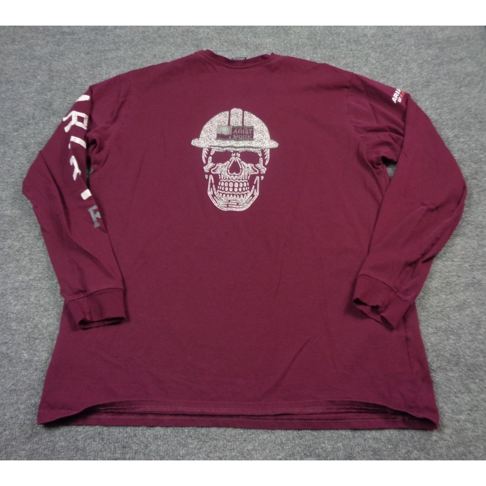 Ariat FR T-Shirt Mens Large Maroon Skull Long Sleeve Workwear Flame Resistant